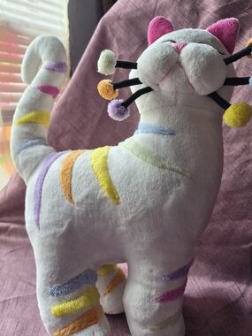 Whimsiclay Amy Lacombe Plush Cat - Rainbow Striped White Kitty - Pom Pom Whisker
